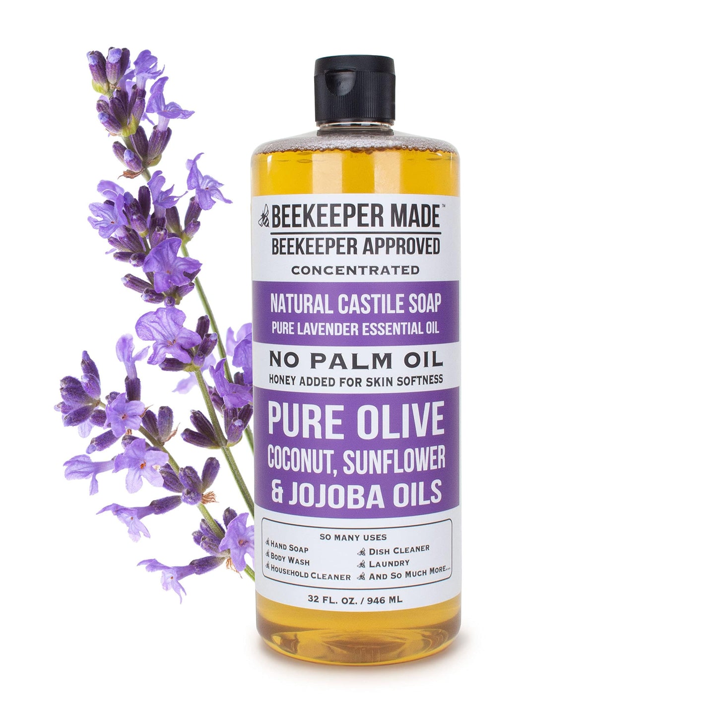 Beekeeper Made Natural Castile Soap, 32 fl oz | No Palm Oil, 8 Ingredients, Pure Olive, Coconut, & Sunflower Oils, GMO Free, For