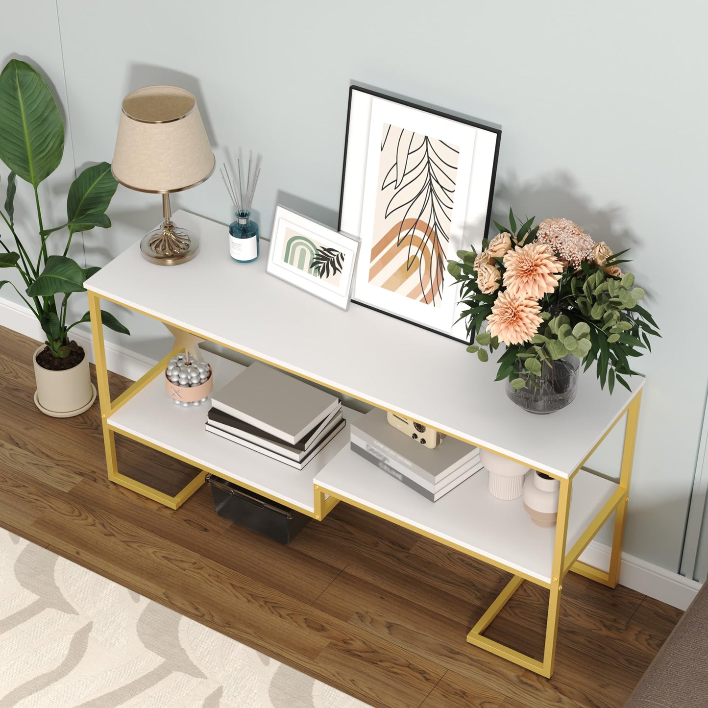 Housoul Console Table, 3-Tier Industrial Entryway Table, 53”L Entrance Sofa Table with Shelves, Hallway, Living Room, Foyer, Corridor, Office, White and Gold