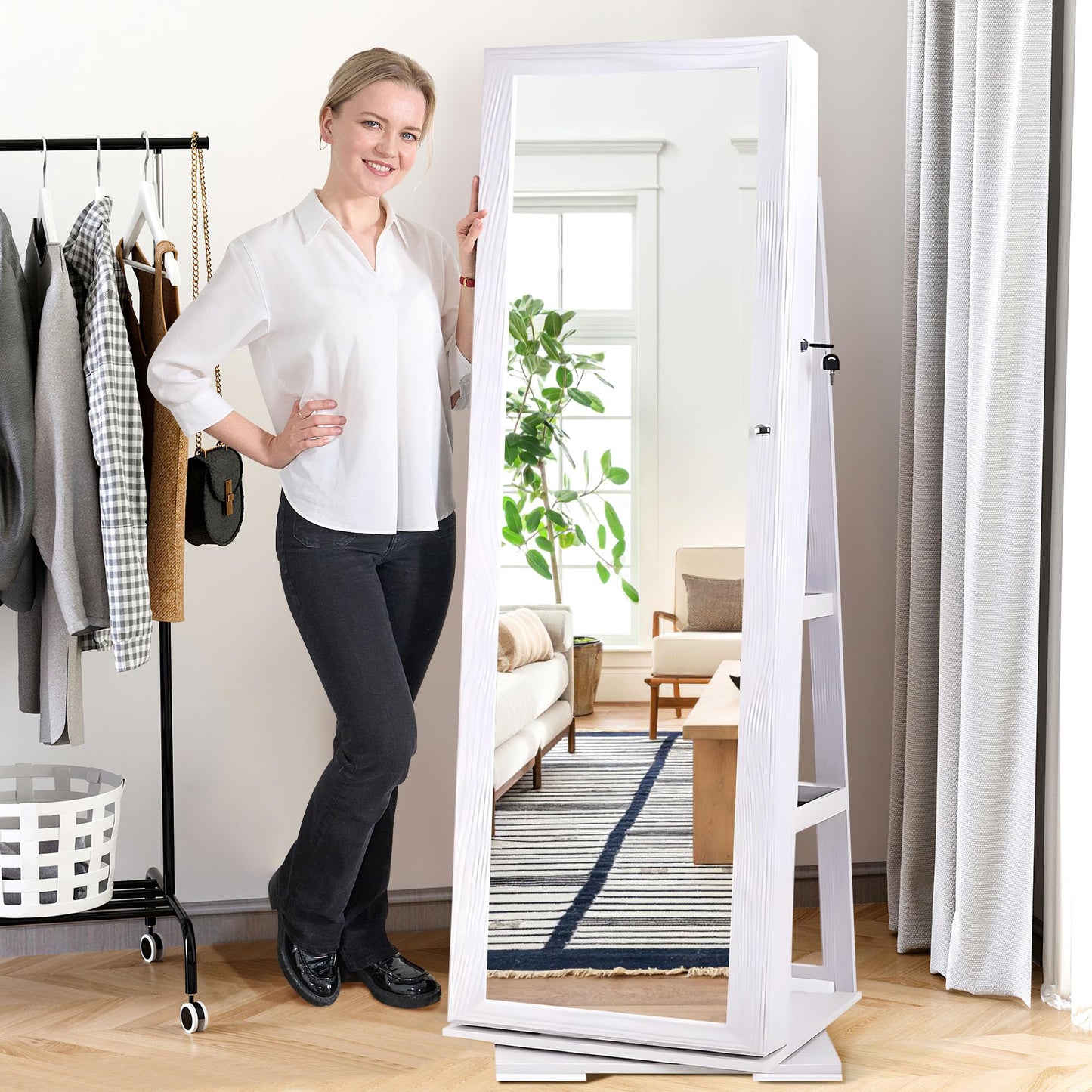 sogesfurniture Lockable Floor Standing Wooden Jewelry Armoire with Full Length Mirror 360°Rotatable Jewelry Organizer Cabinet Lockable with Storage Shelf, White BHUS-QH-7021C