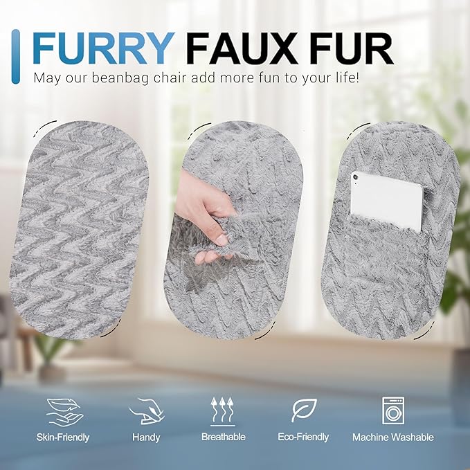 4FT Bean Bag Chair,Giant Bean Bag Chairs for Adults,Big Bean Bags with Memory Foam Filled, Large Beanbag Chairs with Chevron Plush Cover-Light Grey