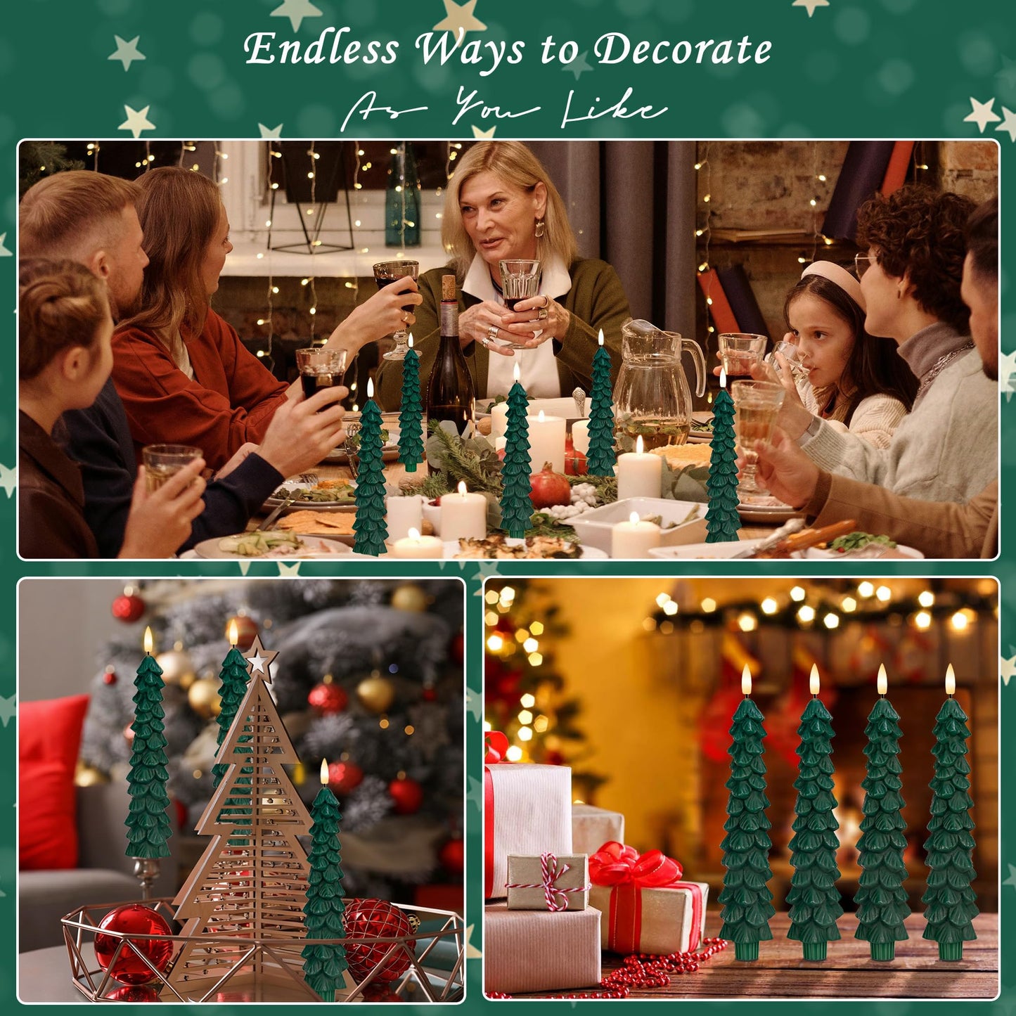 Christmas Tree Candles with Remote, 4 Pack Green Flameless Taper Candles Battery Operated, Real Wax 9.6 Inch Flickering Led Christmas Tree Candlesticks Decorations for Winter Home Holiday Xmas Gift