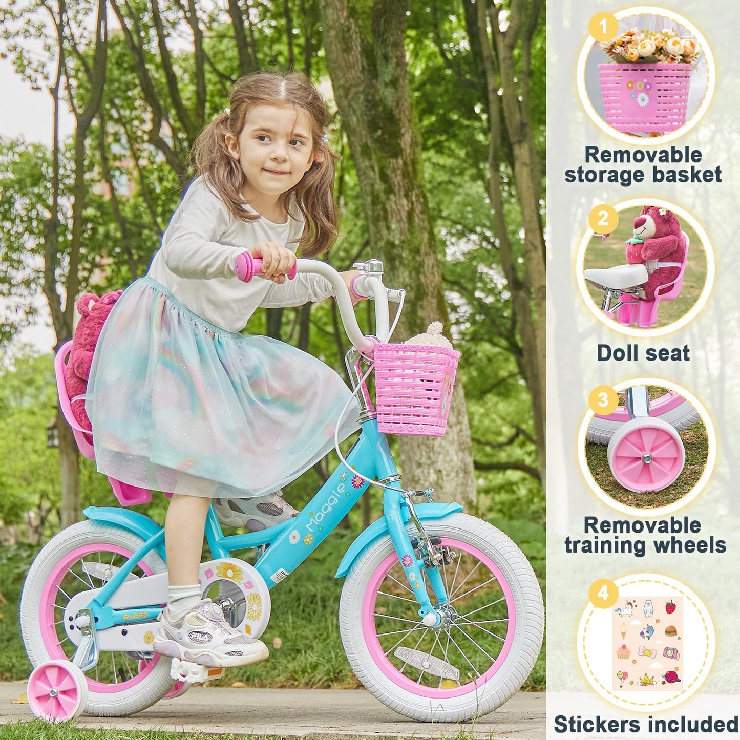Glerc Maggie Girls Bike, 12 Inch Kids Bike for 2-4 Years Old Children, Princess Style Toddler Bike with Doll-Seat & Basket & Training Wheels, Blue