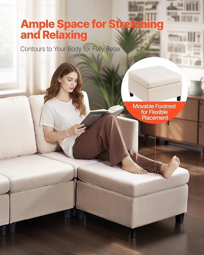 VEVOR Modular Sectional Sofa, 3-Seater Modular Sofa with Hidden Storage, Customizable Cloud Sectional Couch with Ottoman, Solid Wood Frame Upholstered Couch for Living Room, Bedroom, Beige