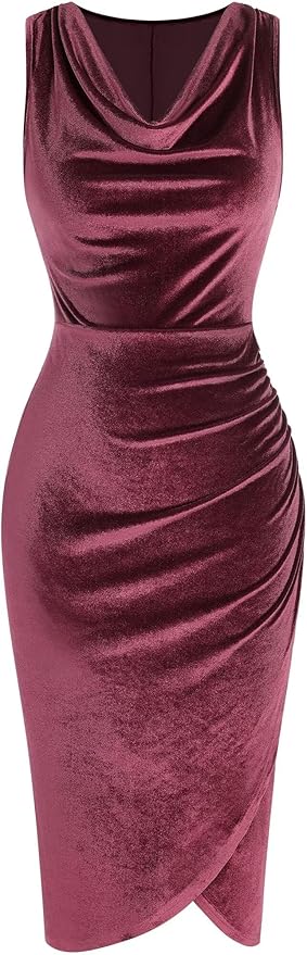 ZAFUL Womens Sleeveless Cocktail Dresses V Neck Party Midi Wedding Guest Dress Ruched Bodycon Work Office Dress