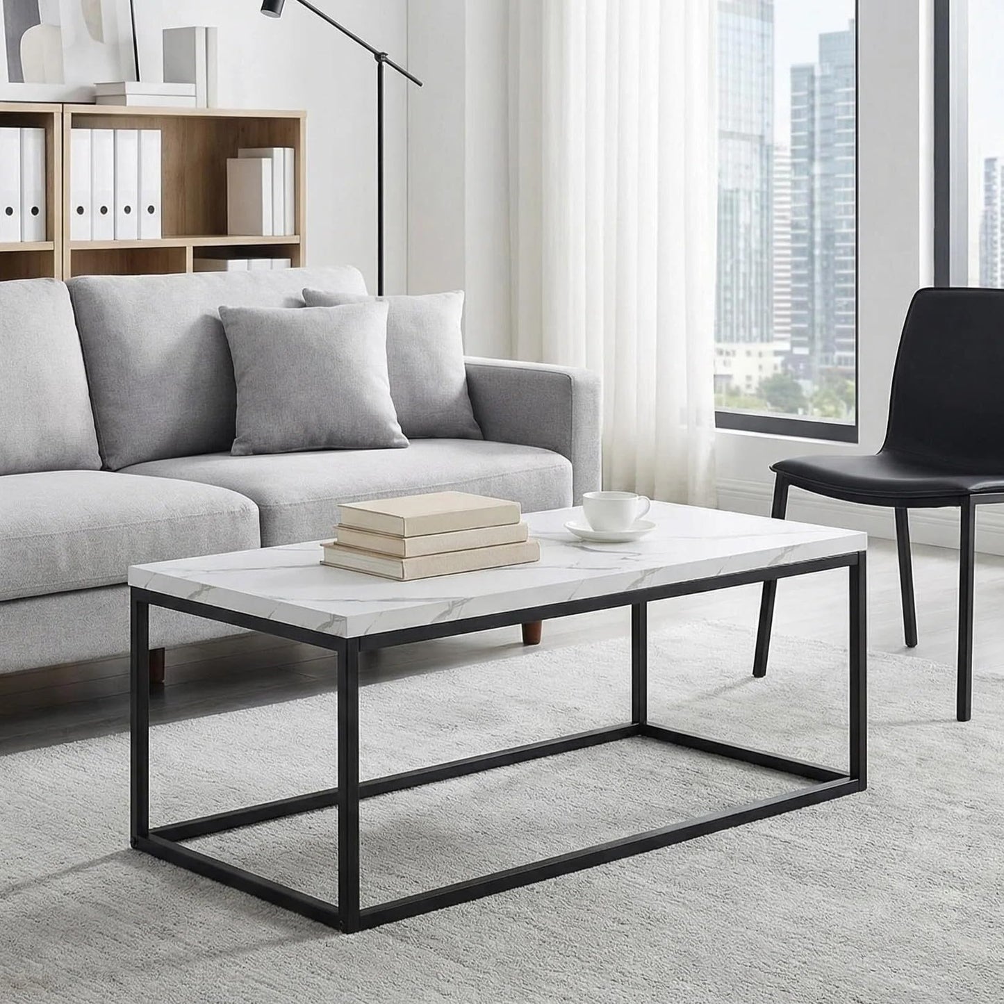 CENSI 40" White Marble Coffee Table for Living Room, Modern Rectangle Cocktail Table with Black Metal Legs, Industrial Faux Stone Center Table, Extra Thick Top, Sturdy & Easy Assembly