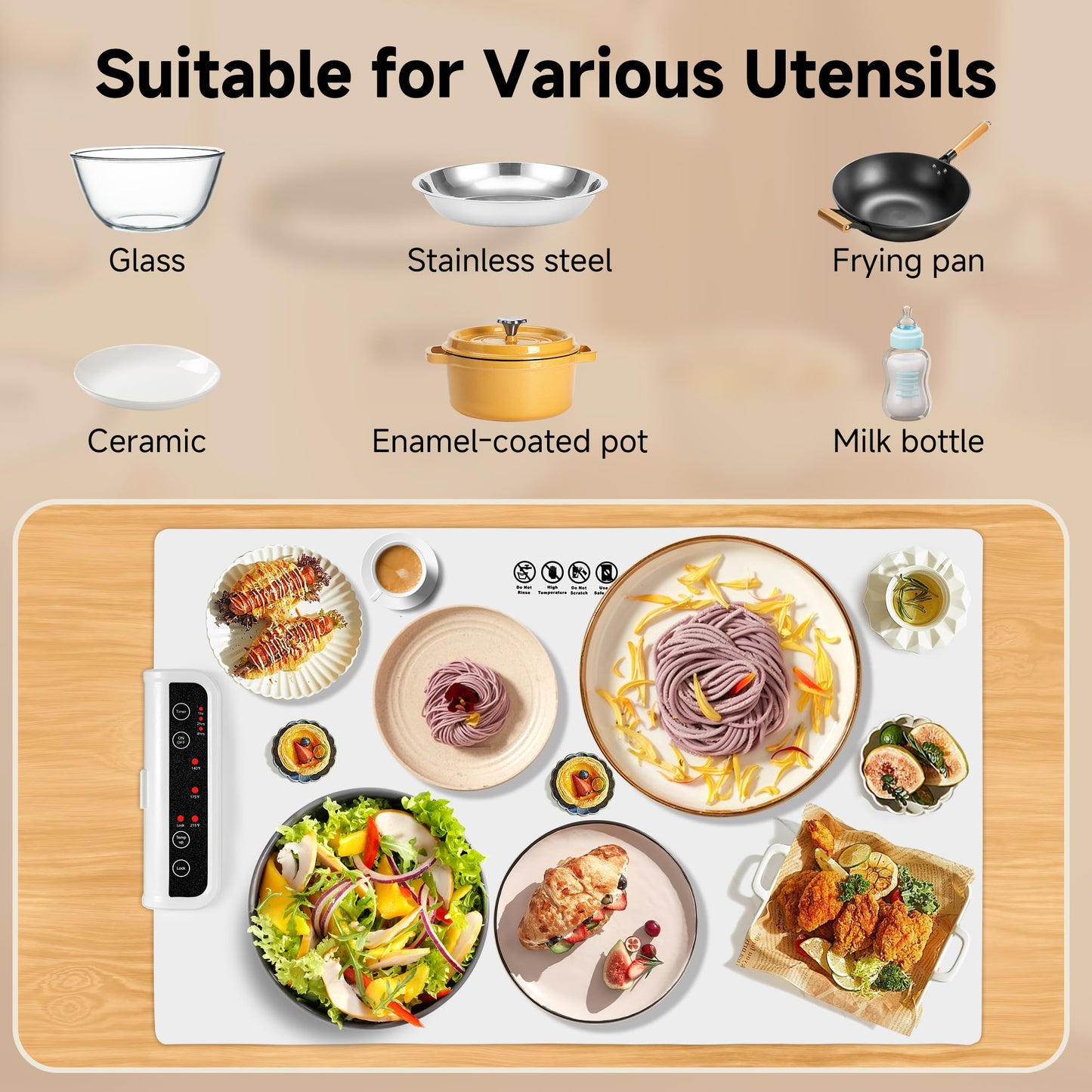 Food Warming Mat- Foldable Warming Mat for Food with Adjustable Temperature Control Time Moders Locking Function Electric Warming Tray for Parties,Home,Travel,Buffet White