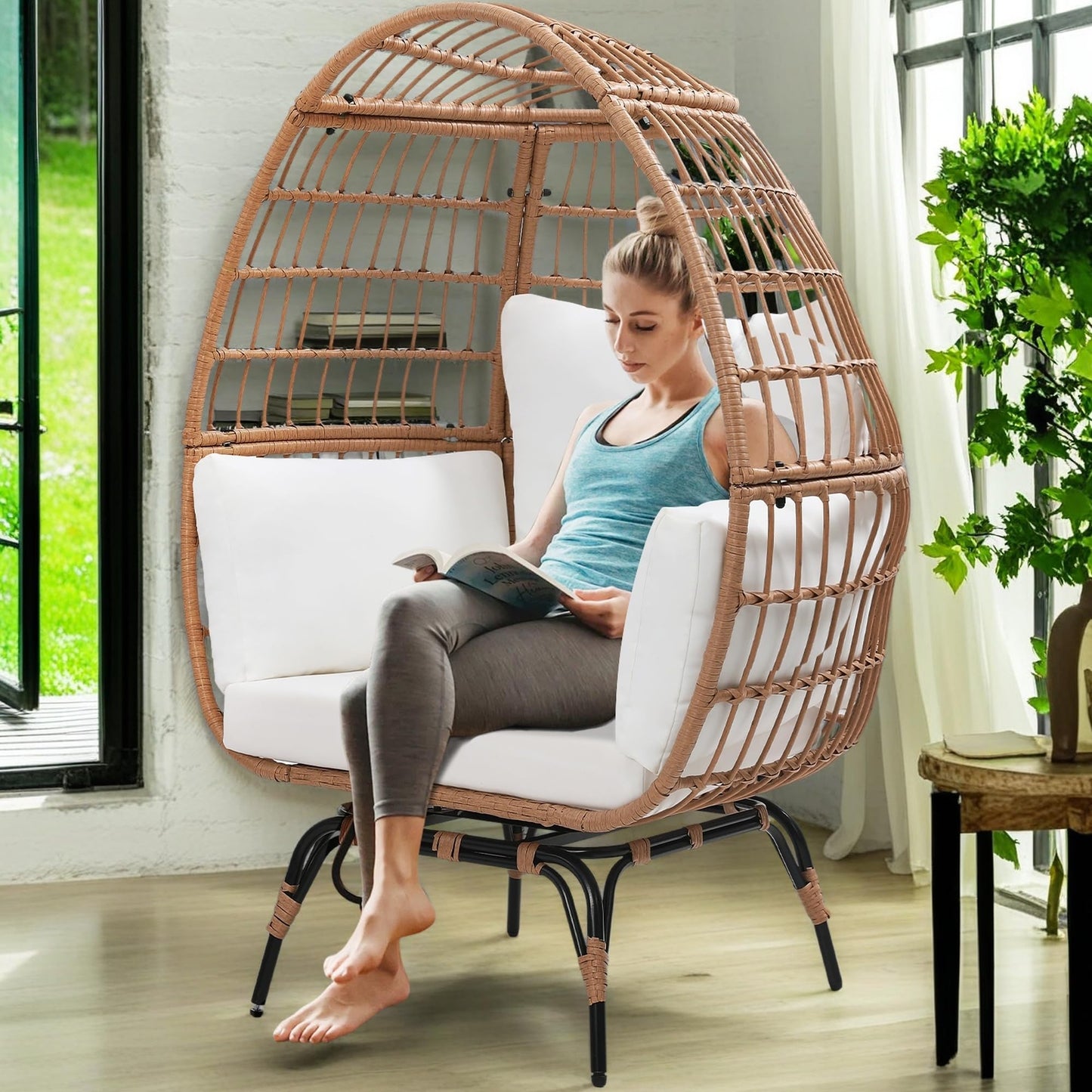 Murago Oversized 360 Swivel Rattan Egg Chair for Adult, Indoor Outdoor Patio Large Wicker Egg Chair with Overstuffed Cushions, 440lb Weight Capacity, Natural Rattan with Beige Cushion