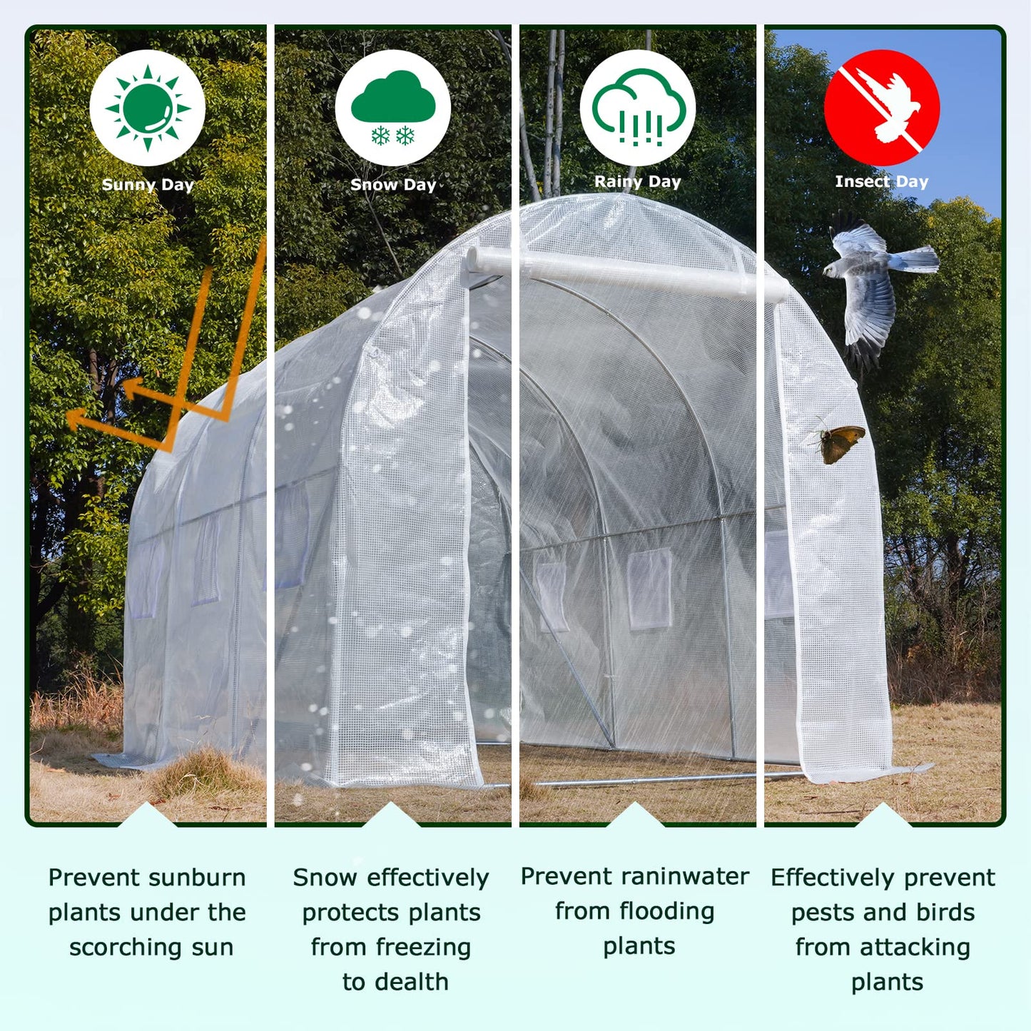 KANAGAWA 10'x7'x 7' Walk-in Tunnel Greenhouse with Watering System Heavy Duty Portable Green House Protect Gardening Plants 1 Zipper Mesh Door, 6 Roll-up Windows, Thickened galvanised Steel,White