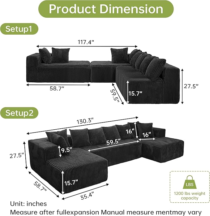 SEENYOO 130" Boneless Couch, Cloud Couch Sectional, Corduroy Sofa for Living Room, U Shaped Modular Sofa with Chaise, No Assembly, 4 Seats Oversized (Black)