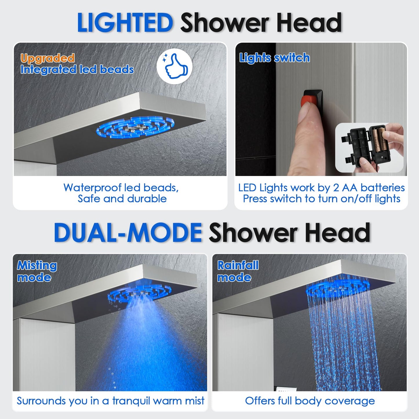 ROVOGO Shower Panel Tower System with Led Lights, 2-Mode Shower Head, 3 Body Jets, Handheld and Tub Spout, 46.5" Stainless Steel Shower Column with Mixer Valve, Brushed