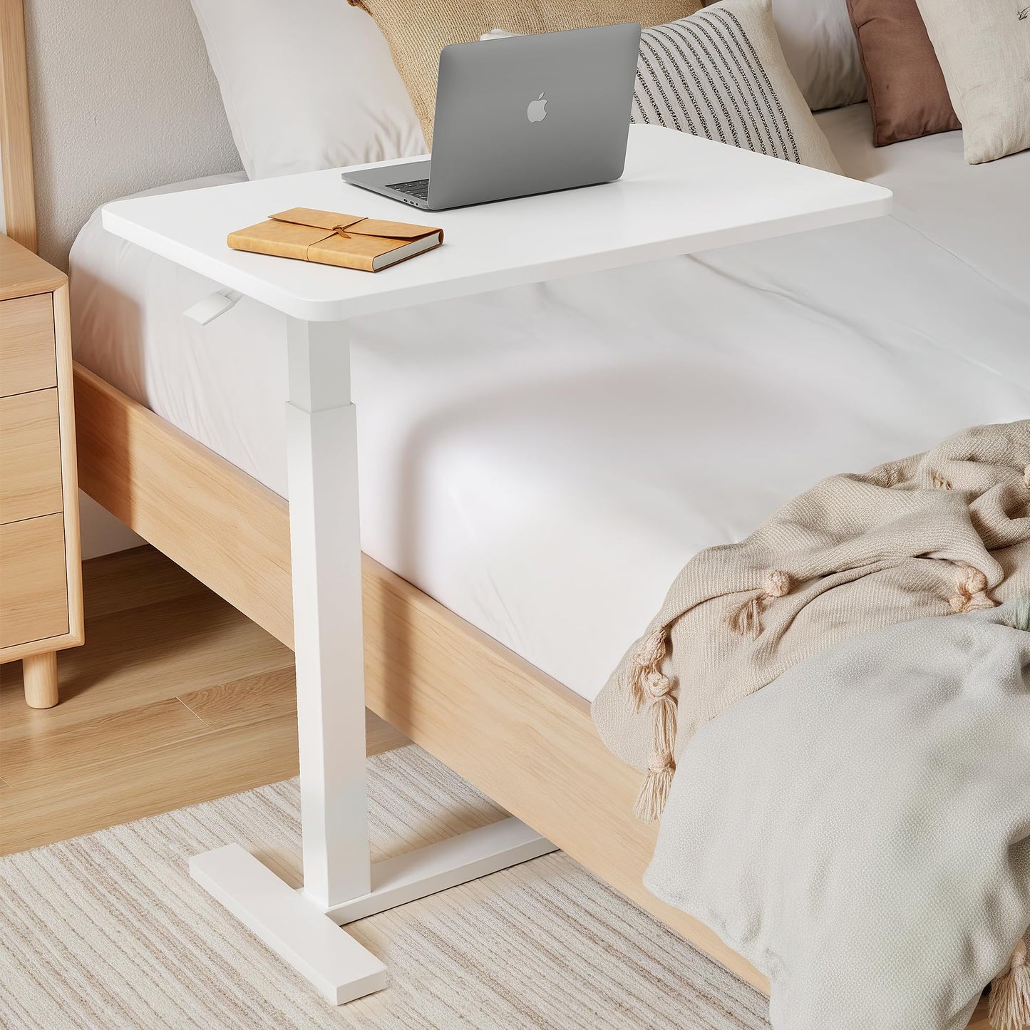 Overbed Bedside Table with Hidden Casters, Adjustable Hospital & Home Use Bed Table, Rolling Laptop Table, Movable Standing Desk, White