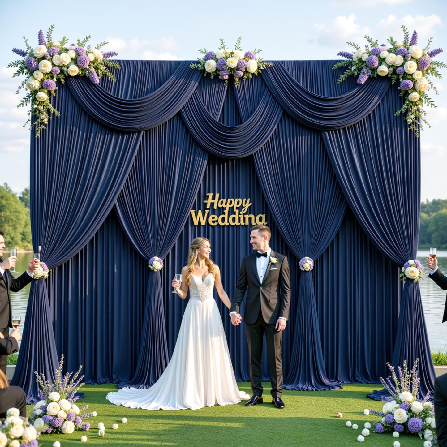 20Ftx10Ft Wrinkle Free Navy Blue Backdrop Curtains For Parties, 4 Panels 5X10Ft Silky Polyester Photo Backdrop Drapes For Weddin