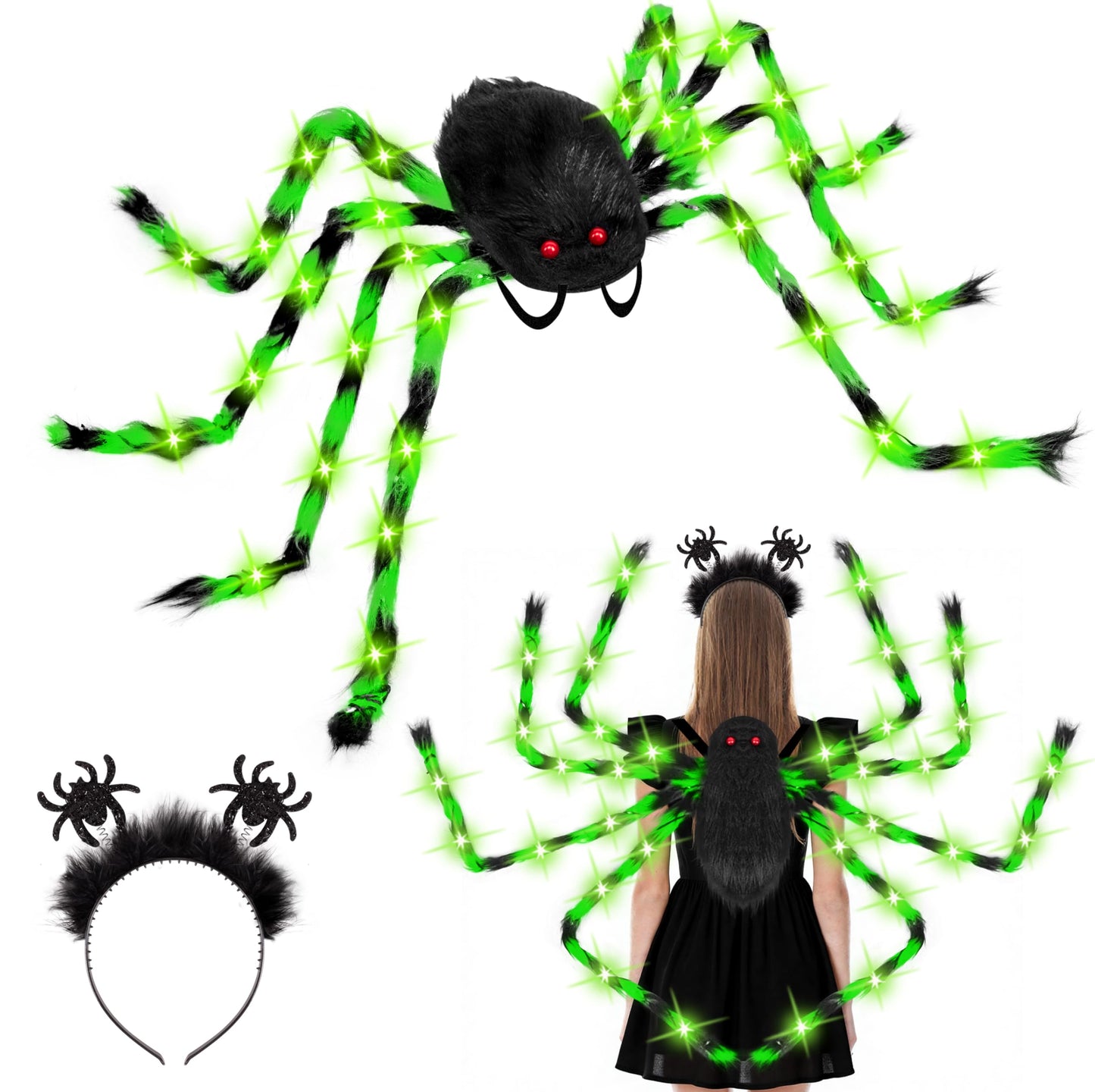 Halloween Spider Costume for Adults Green LED Lights Candy Backpack Headband Ring Tattoos for Trick or Treat Cosplay Halloween Party Decorations Accessories (Batteries Not Included)