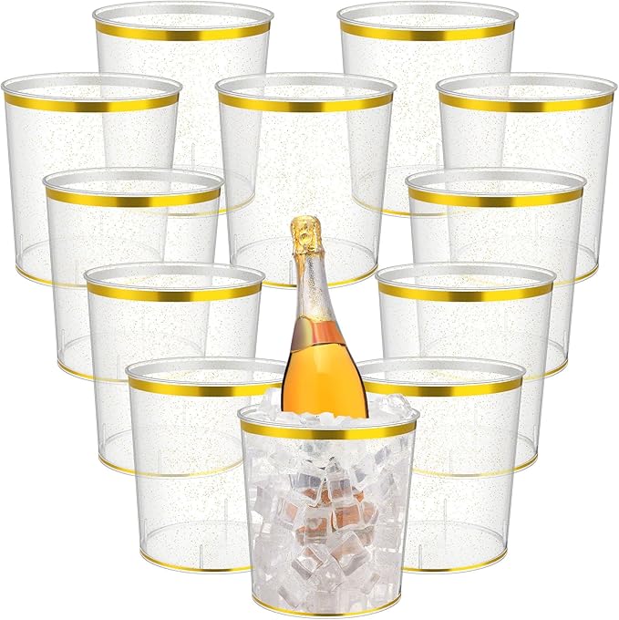Acellegic 12 Pcs Ice Buckets Bulk, 6 Liter Plastic Round Ice Buckets with Gold Rim and Glitter, Disposable Storage Drink T...