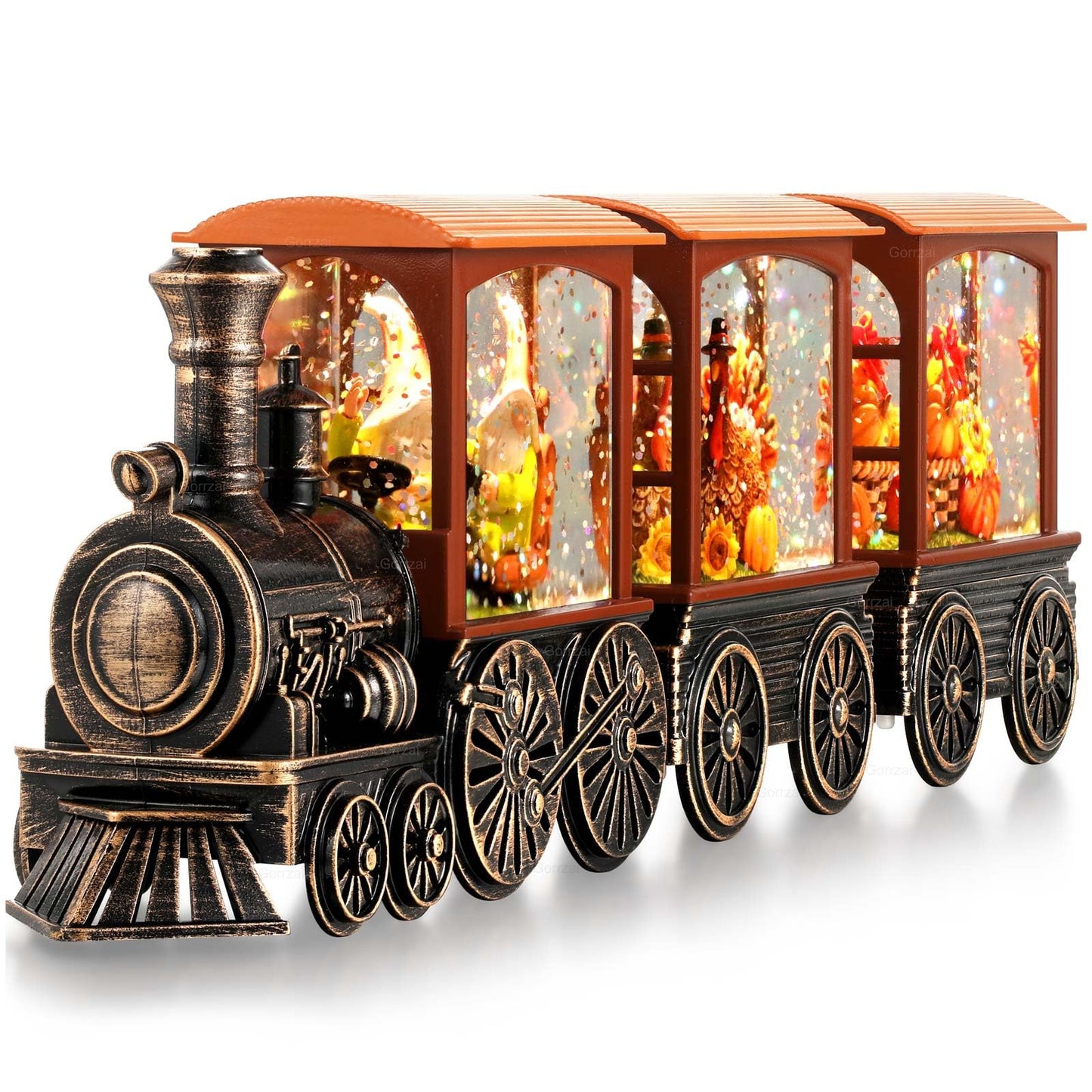 Gorrzai Fall Snow Globe Lantern Fall Decorations for Home, Lighted Fall Decor with Pumpkin Turkey Gnome Train, 6H Timer Thanksgiving Swirling Glitter Snow Globe for Harvest Day, Battery Operated