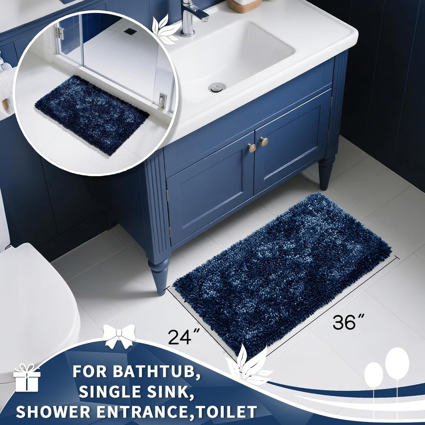 Yimobra Large Bathroom Rug Non Slip 36x24 Inch, Extra Thick Soft Absorbent Chenille Bath Mat, Machine Washable Quick Dry Bath Rugs for Bathroom Floor, Tub and Shower, Home Decor Accessories, Navy Blue
