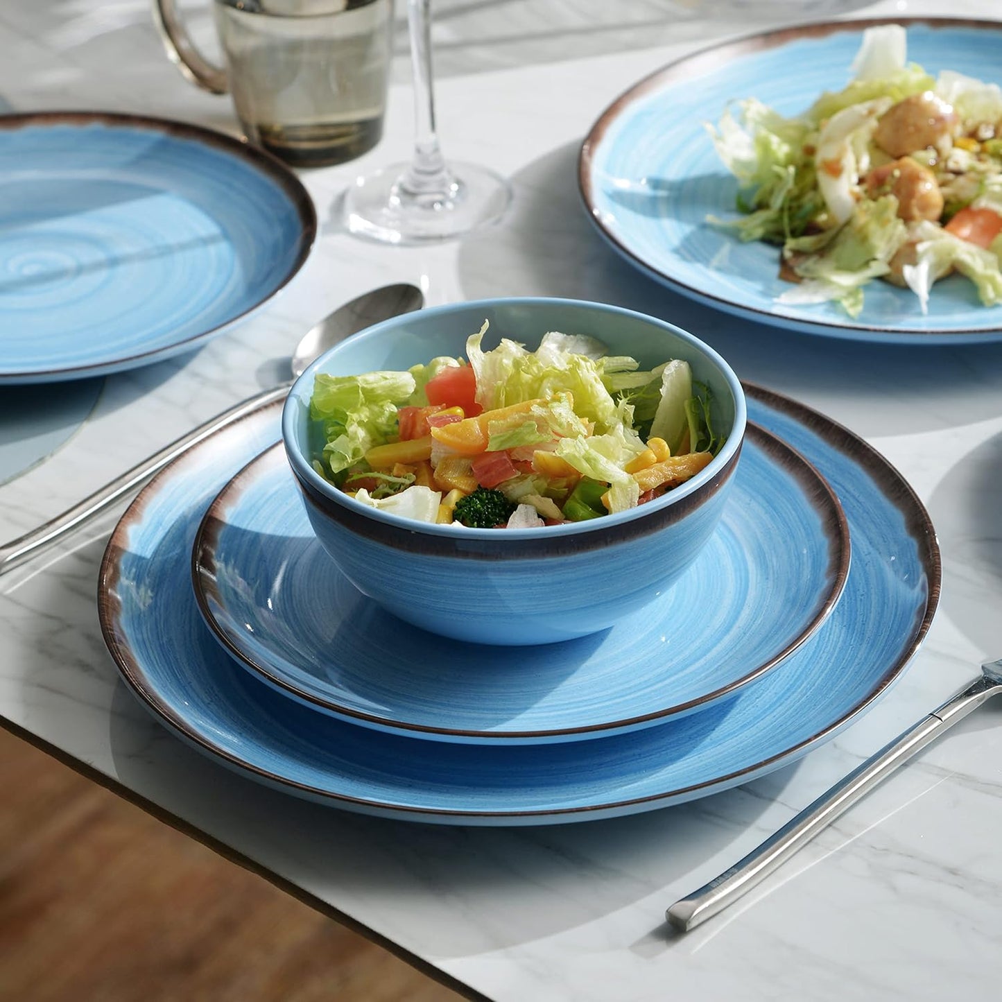 Melamine Dinnerware Set, Plates And Bowls Sets for 4, 12PCS Blue Color Dinnerware Sets, Unbreakable Dinnerware Dishwasher Safe BPA Free(Blue)