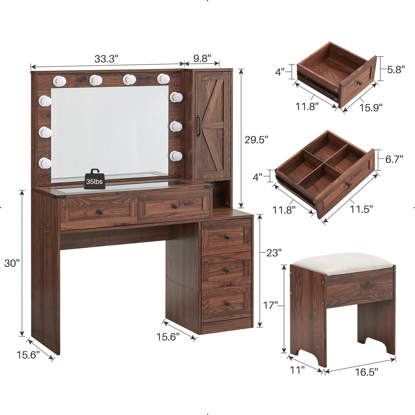 JXQTLINGMU Farmhouse Vanity Makeup Desk with Charging Station, 43" W Vanity Desk with Lights Mirror and Drawers for Makeup, Big Modern Makeup Table Set with Stool for Bedroom, Brown