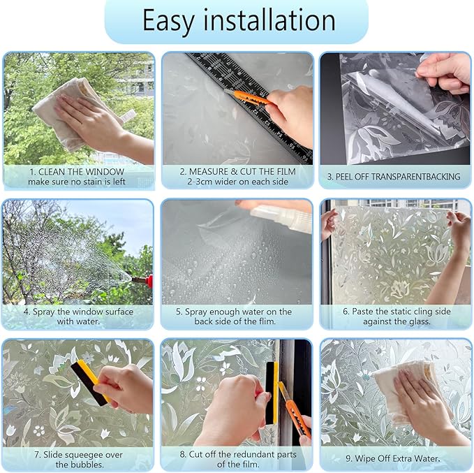 HIDBEA Window Privacy Film, 3D Stained Glass Static Cling - Sun Blocking Anti-UV Heat Control, Reusable Decorative Film for Home/Office Doors, Rainbow Tulip Design (35.4 in x 78.7 in)