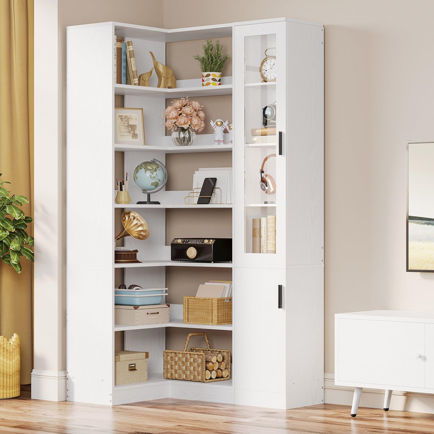 IRONCK Corner Bookshelf, 6-Tier Bookshelf with Doors and Storage, L Shaped Corner Bookshelf for Bedroom, Living Room