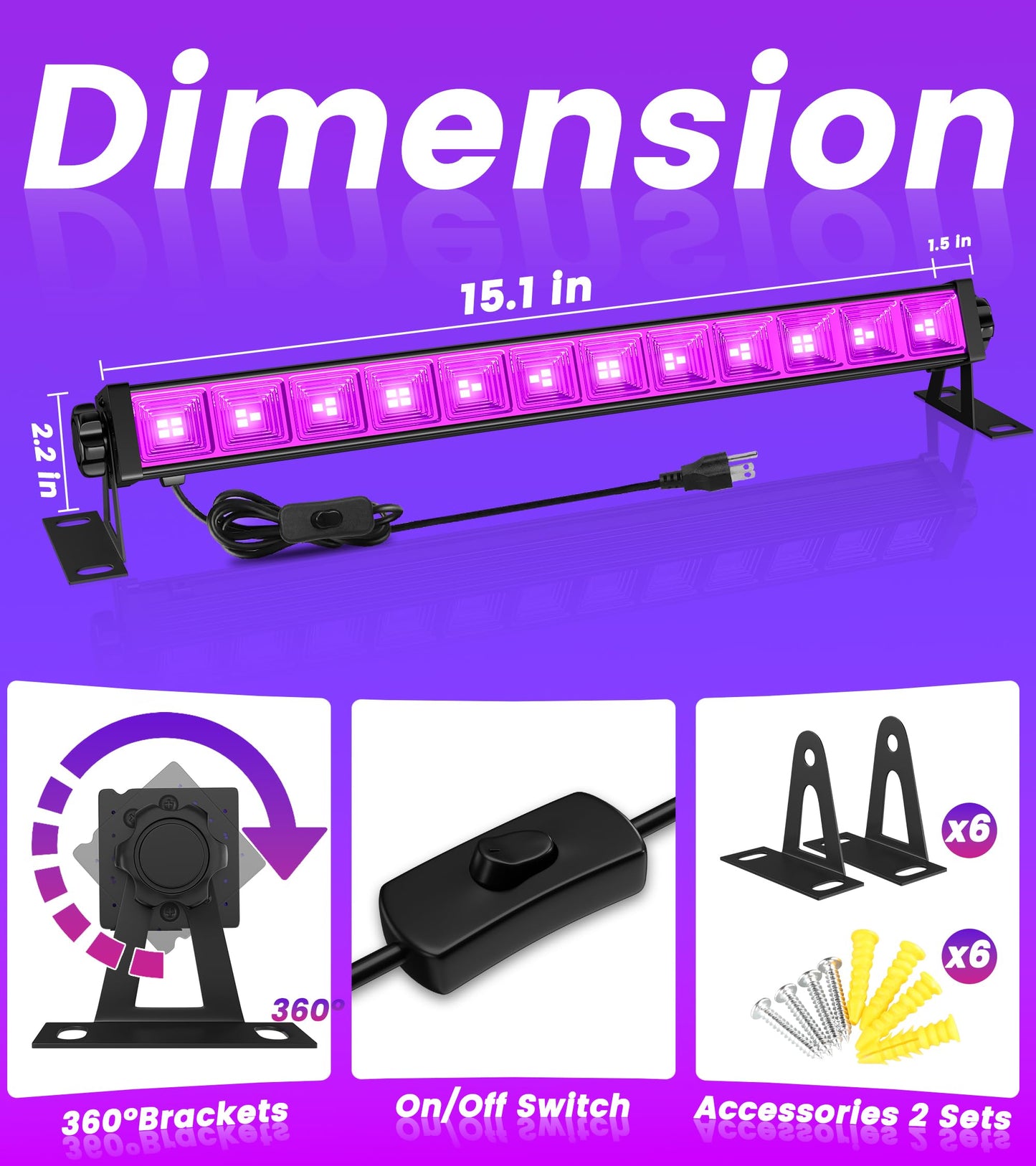 42W 6 Pack LED Black Light Bar, Blacklight Light Up to Lagre Area with 6ft Cable+Switch+Plug, Glow Party Light Supply for Halloween, Fluorescent Poster, Body Paint, Birthday,Classroom, Bedroom