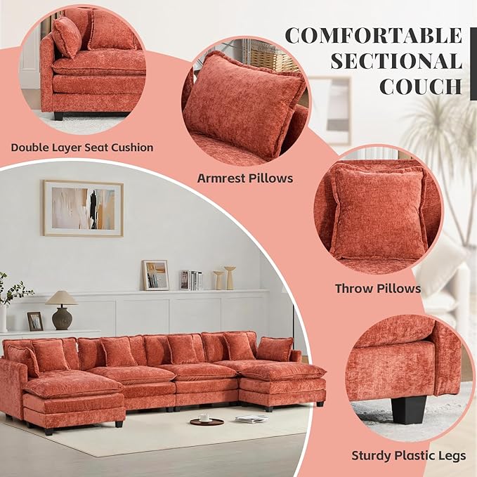 SoarFlash 149.61" Chenille Sectional Sofa, Comfy U Shaped Modular Coush Sofa with Ottoman, Modern 4 Seat Couch Deep Seat Sofa Set for Living Room,Orange