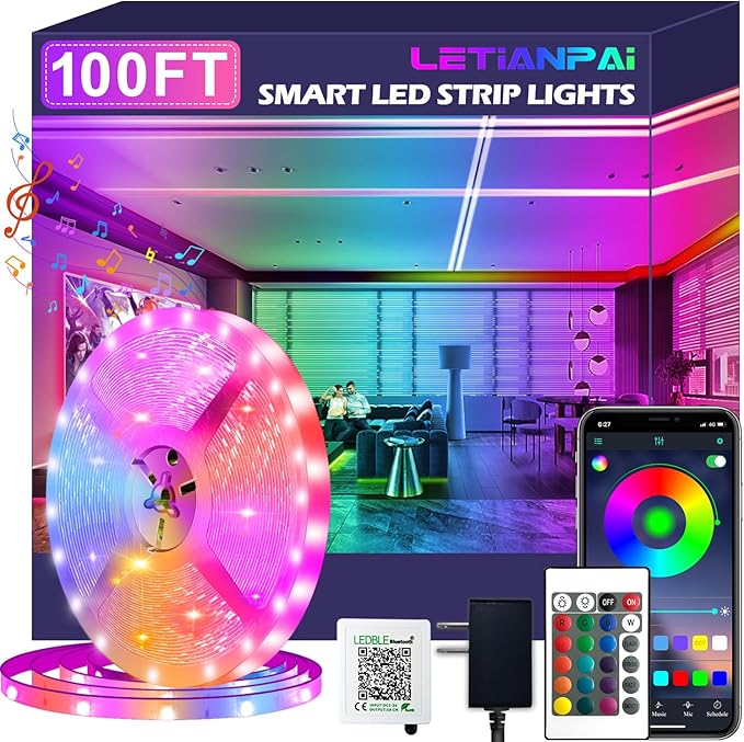100ft Led Strip Lights,Long Smart Led Light Strips Music Sync 5050 RGB Color Changing Rope Lights,Bluetooth APP/IR Remote/...