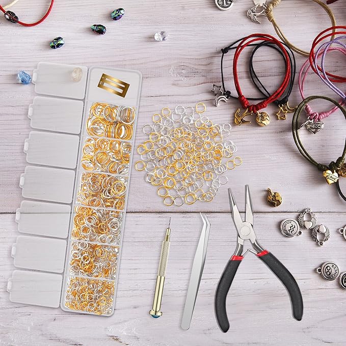1014 Pieces Nail Dangle Charm Piercing Tool Hand Drill, Nail Charms 6 Sizes Jump Ring Connector with Jump Ring Open Close Tool Pliers and Tweezers for Jewelry Making(Gold, Silver)