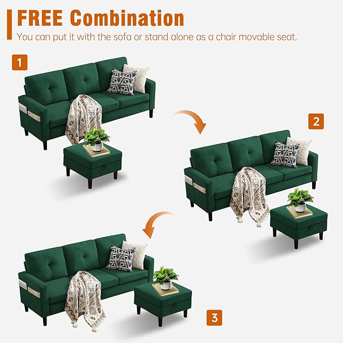Pingliang Home 80" Convertible Sectional Sofa Couch with Movable Ottoman, 3 Seats Sectional Sofas L Shaped Couch for Small Spaces, Soft Fabric Couch for Living Room (Green)