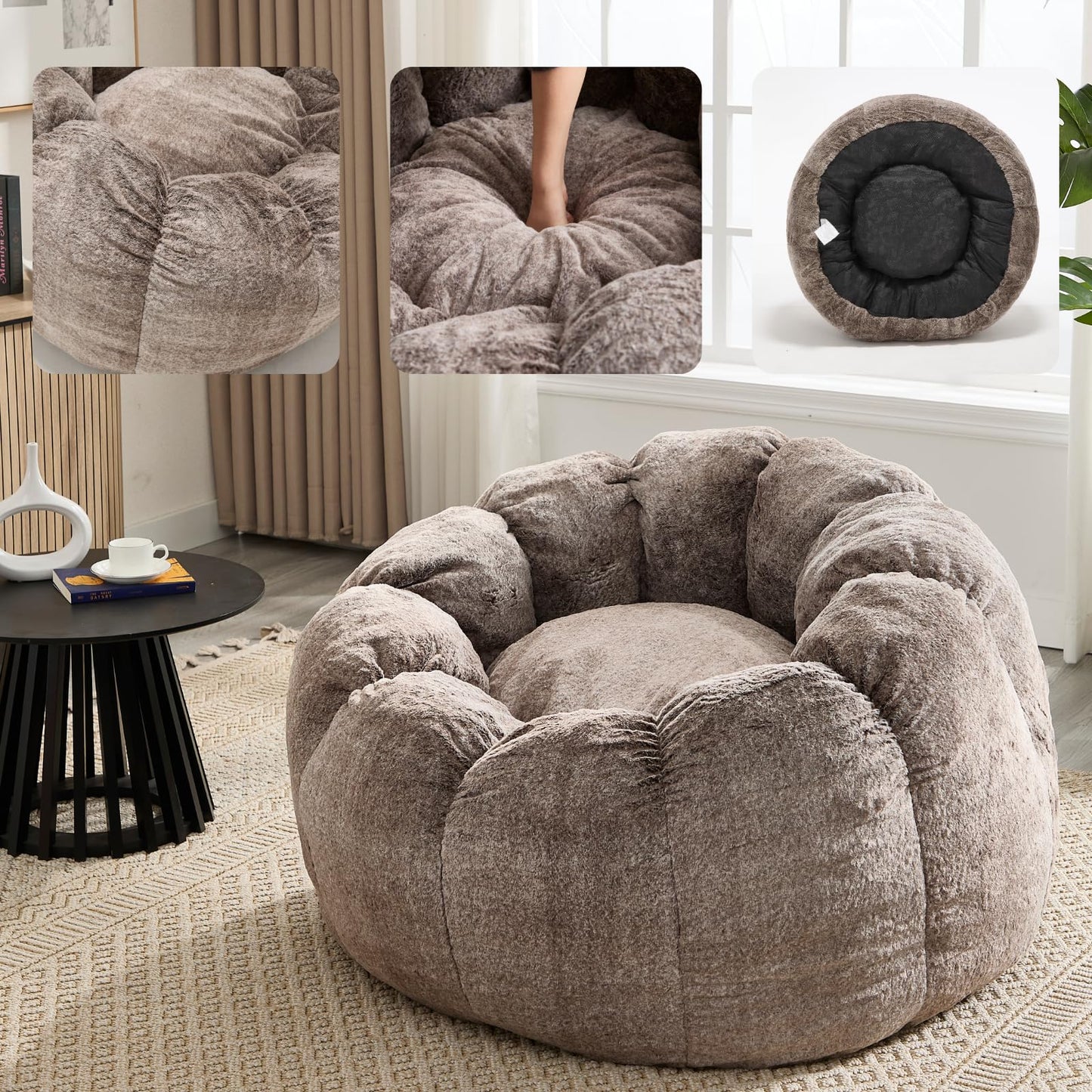 DUOMAY Giant Bean Bag Chair, Faux Fur Cozy Beanbag Chair for Adults, Kids, Round-Shaped Large Bean Bag Couch with Memory Foam for Living Room, Bedroom, Dorm, Brownish