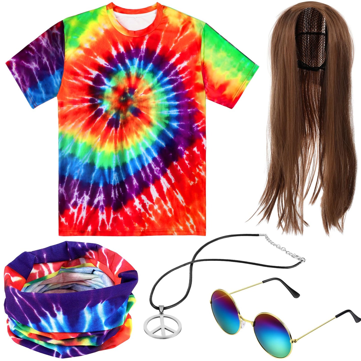 Norme 5 Pieces Mardi Carnival Hippie Costume for Men Women 70s Tie Dye T-Shirt Peace Sign Necklace Headband Wig Sunglass(Modern, X-Large)