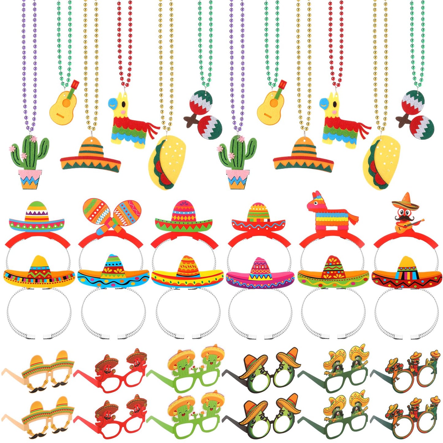 Hotop 36 Pcs Fiesta Party Decorations Sombrero Paper Hat Headbands Bead Necklaces Eyeglasses for Cinco De Mayo Mexican Party Supplies