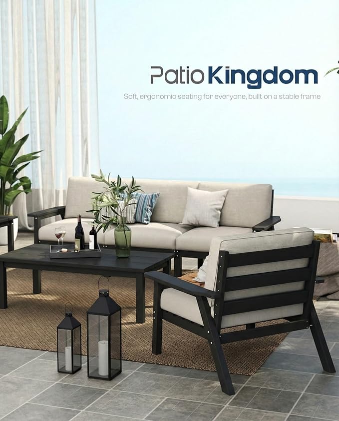 Patio Kingdom 7 Piece Patio Furniture Set, HDPE Outdoor Sectional with Beige Washable Thick Cushions, Coffee Table & Side Table, Patio Conversation Sets for Lawn, Garden, Porch, Balcony (Black Frame)