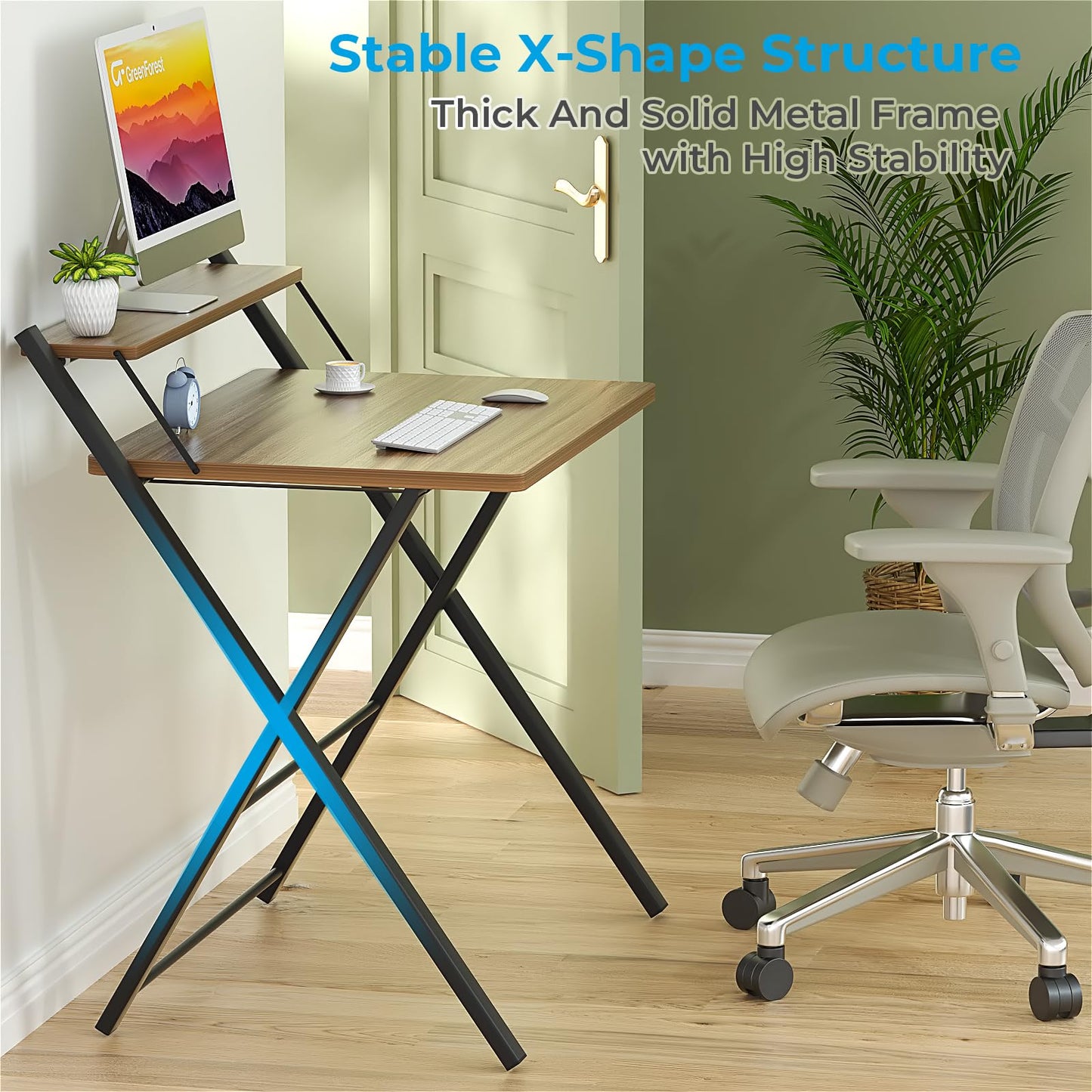 GreenForest No Assembly Folding Desk, 2-Tier Compact Computer Desk with Shelf, Space Saving Foldable Table for Home Office, Dorm or Apartment, Portable Collapsible Sturdy Laptop Desk, Espresso