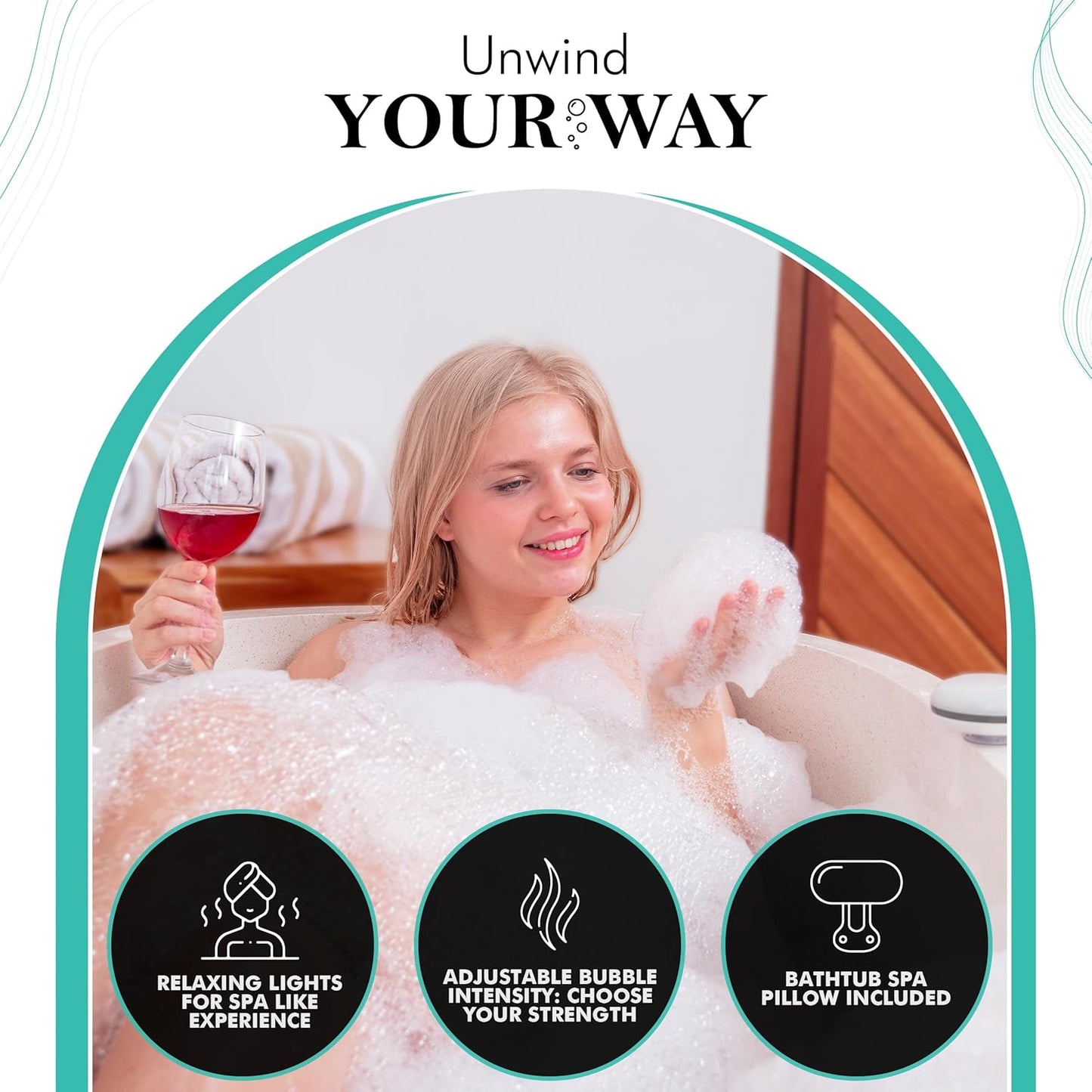 SereneLife Bubble Bath Mat – Portable Spa Mat with Adjustable Intensity, Waterproof LED Light, Pillow and Remote Control for Ultimate Relaxation, 47" x 14.2" (Teal)