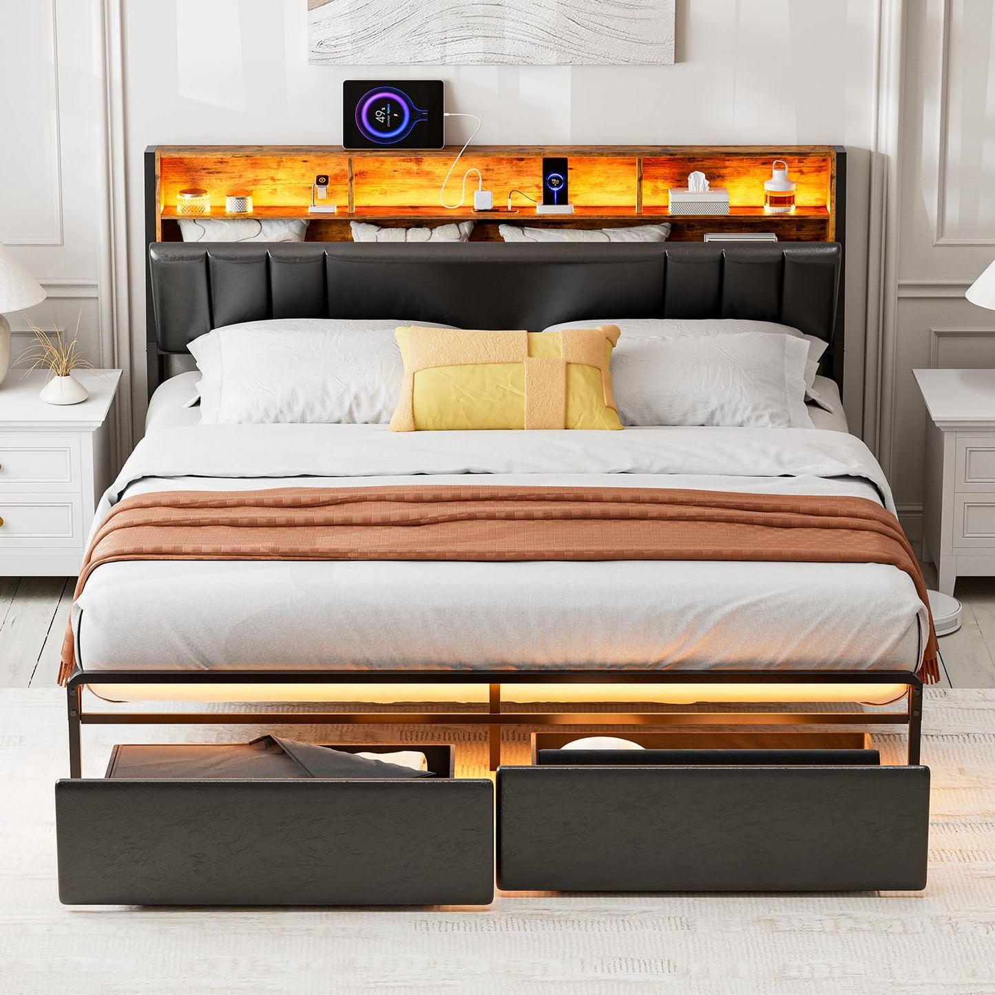 AOVSA California King Bed Frames with Ergonomic Hidden Storage headboard & Dustproof Drawers, Upholstered Cal King Platform Bed with LED Lights and Charging Station, No Box Spring Needed, Black