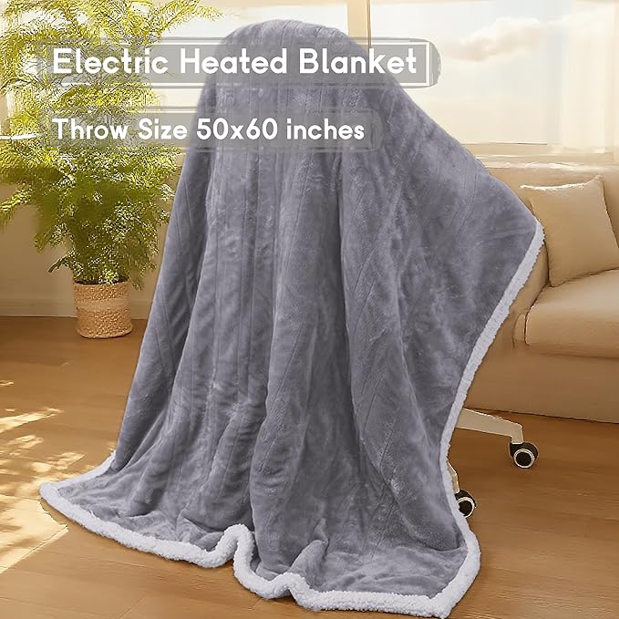 Heated Blanket Electric Throw Size 50''x60'' with 9 Heating Levels, 3 Hour Auto Shut Off, Machine Washable, Flannel & Sherpa Double-Sided Soft Warming Blanket for Couch, Bed, Office - Light Grey