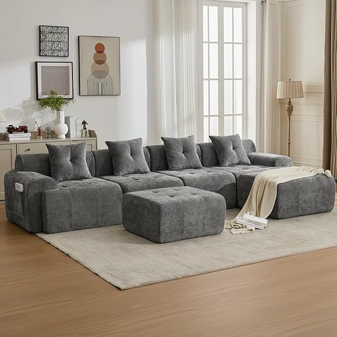 YAAREE 129.23”Modular Sectional Couch for Living Room, Modren L-Shape Cloud Sectional 4-Seater Sofa with 2 Movable Ottomans, Woven Texture Upholstery Boneless Couch, No Assembly, Grey