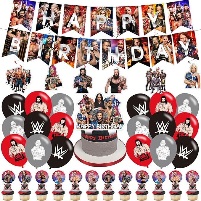 Wrestling Birthday Decorations,Wrestling Boxing Match Party Supplies Include Happy Birthday Banner, Cake Topper and Cupcak...