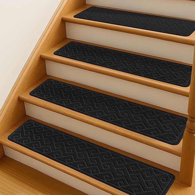 Stair Treads for Wooden Steps, 8" X 30" Non Slip Stair Runner Carpet Indoor with Reusable Adhesive Backing, Soft Tread Mat for Stairs, Ideal for Home, Polyester TPR Backing Stair Rugs-Black 15 Pack