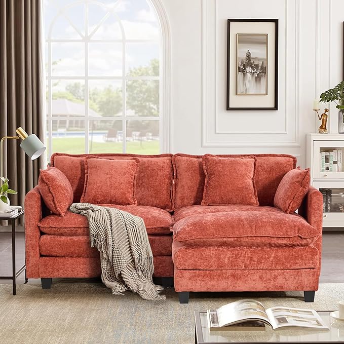SoarFlash Chenille 77.95" Sectional Sofa, Comfy L Shaped Modular Coush Sofa with Ottoman, Modern 2 Seat Couch Deep Seat Sofa Set for Living Room,Orange