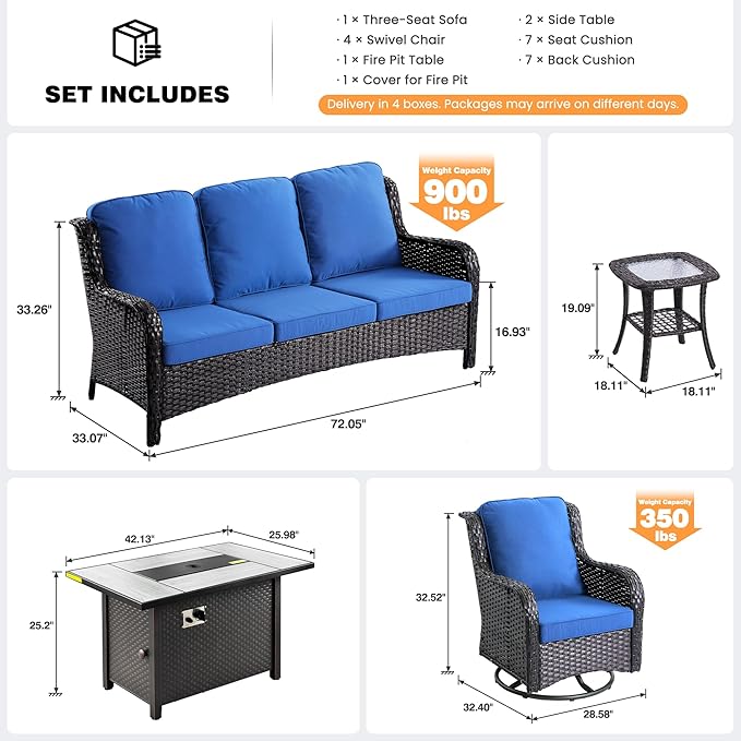 ovios 8 Pieces Patio Furniture Set, Outdoor Wicker Sofa Couch with Swivel Chairs 42" Fire Pit Table, High Back Modern All Weather Conversation Sets, Brown Rattan, Navy Blue