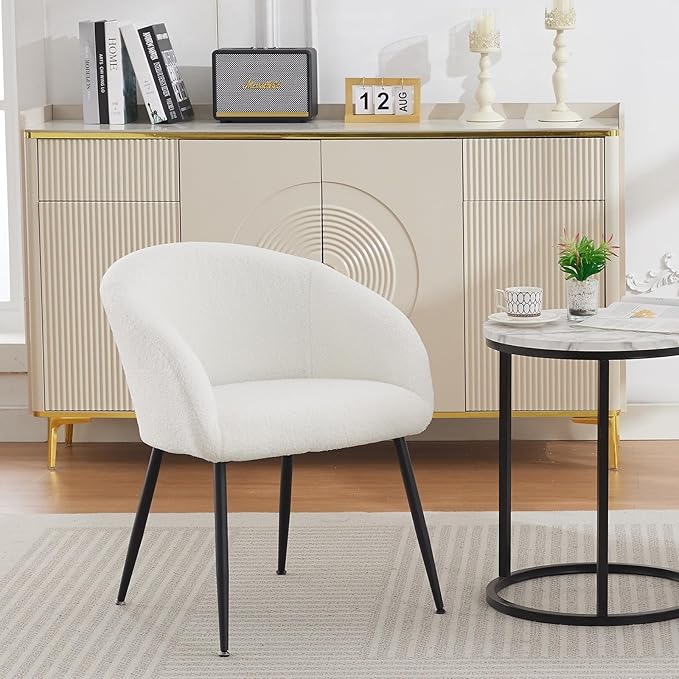 YDcosyfy Modern Small Accent Chair Set of 2, Comfy Sherpa Makeup Vanity Chair with Metal Legs, Decorative Chair no Wheels for Living Room, Dressing Room, Bedroom, White