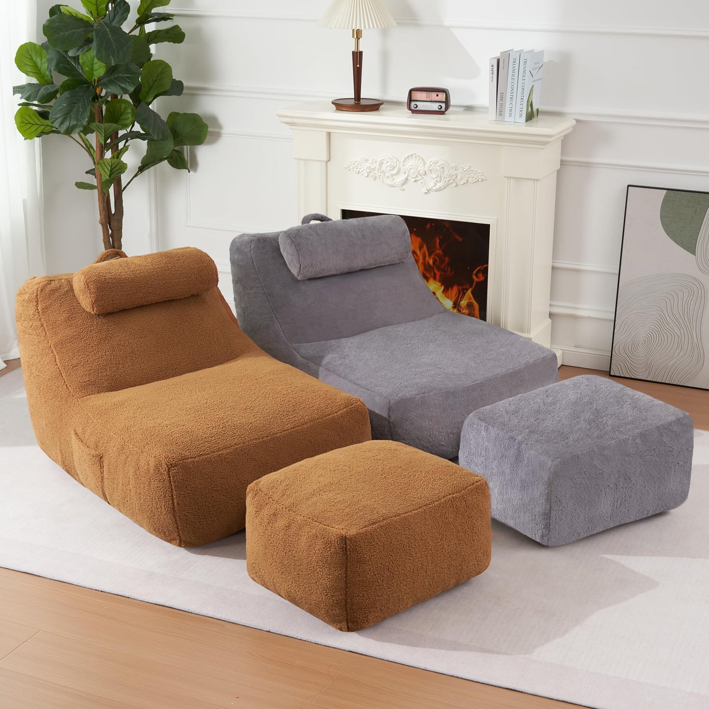 HABUTWAY Giant Bean Bag Chairs for Adults with Ottoman&Storage Pocket, Big BeanBag Chair Large Bean Bag Couch with Memory Foam Filled, Soft Faux Fur Bean Bag Sofa for Living Room(TEDDYBROWN)