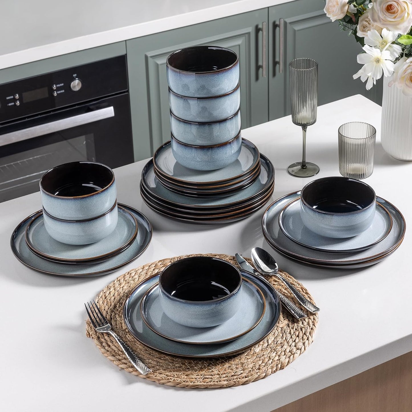 LERATIO Ceramic Dinnerware Sets for 8,Plates and Bowls Sets,Reactive Glaze Dishes Set,Highly Chip and Crack Resistant | Dishwasher & Microwave & Oven Safe Dishes set,Service for 8-Gray White(24pcs)