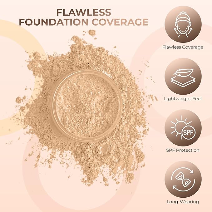 6pc FULL SIZE KIT KABUKI & KABAGGIE Tote Mineral Makeup Set Matte Foundation Bare Face Sheer Powder Cover (Warm/Neutral)