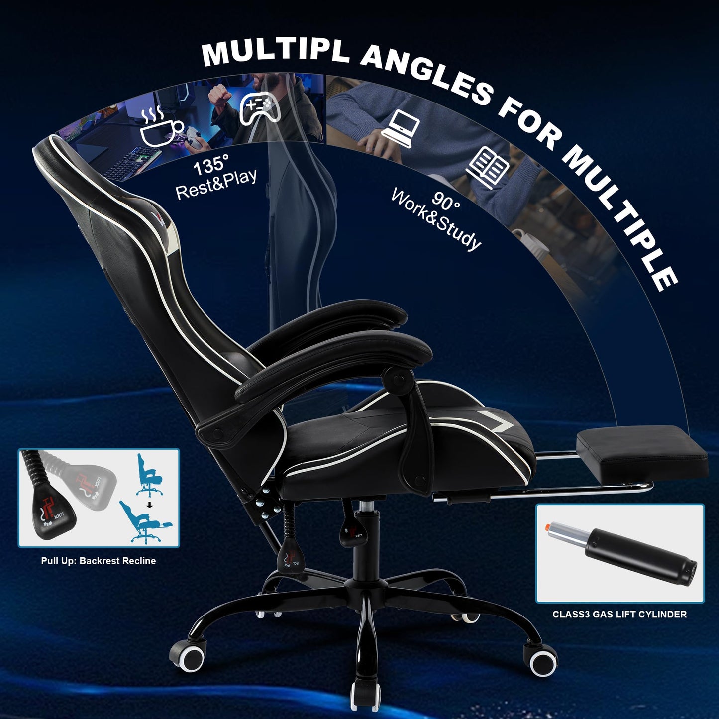 Gaming Chair for Adults, Ergonomic Gamer Chair with Footrest, Spring Pocket Cushion, Computer Office Desk Gaming Chair with Enlarged Metal Base, Linkage Armrests, Lumbar & Headrest (Black & White)