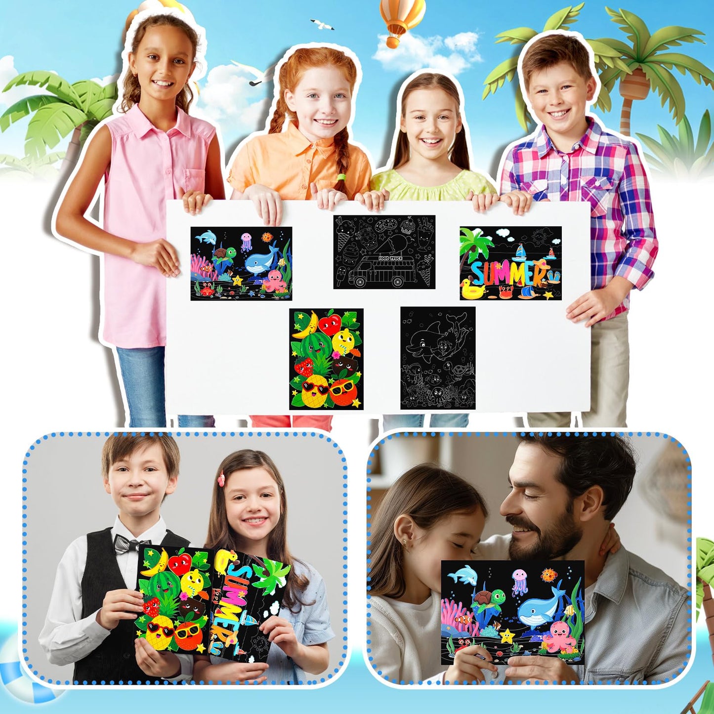 Marspark 24 Pcs Rainbow Scratch Summer Crafts Bulk Color Your Own Rainbow Scratch Paper DIY Happy Summer Magic Posters Black Off Paper Gifts Kit Doodle Posters Art for Holiday Home Party Activities