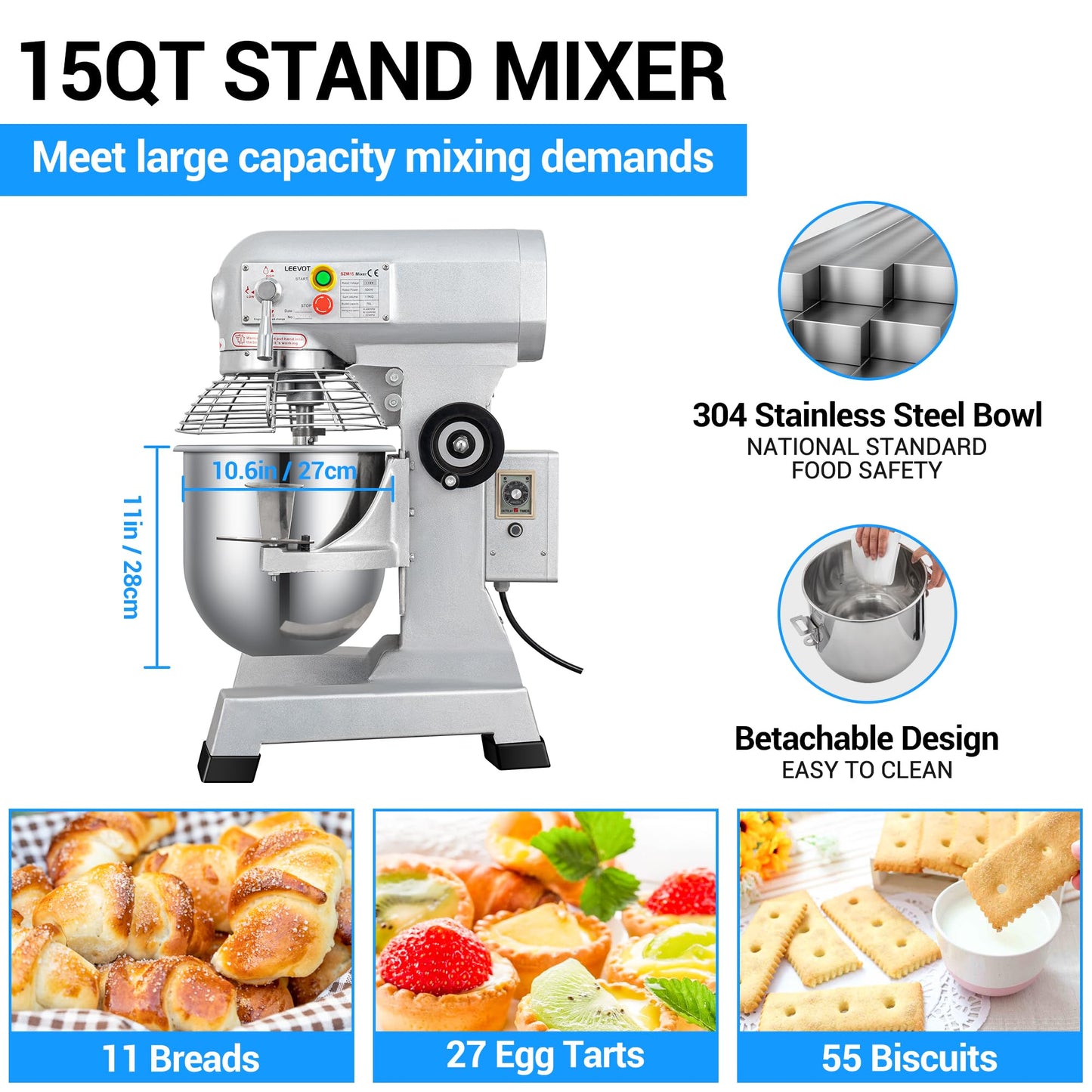 LEEVOT Commercial Food Mixer 15 Qt with 3-Speed Adjustment, 600W Commercial Mixer with Timer, Heavy Duty. Commercial Dough Mixer with Stainless Steel Bowl, Suitable for Bakeries and Pizzerias
