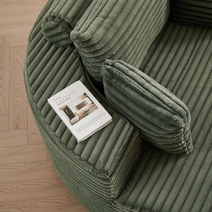 360-Degree Oversized Swivel Chair, Modern Round Circle Corduroy Comfy Deep Seat Swivel Accent Chaise Lounge Sofa Chair with Back Cushion & 2 Throw Pillows for Living Room Bedroom Office, Green